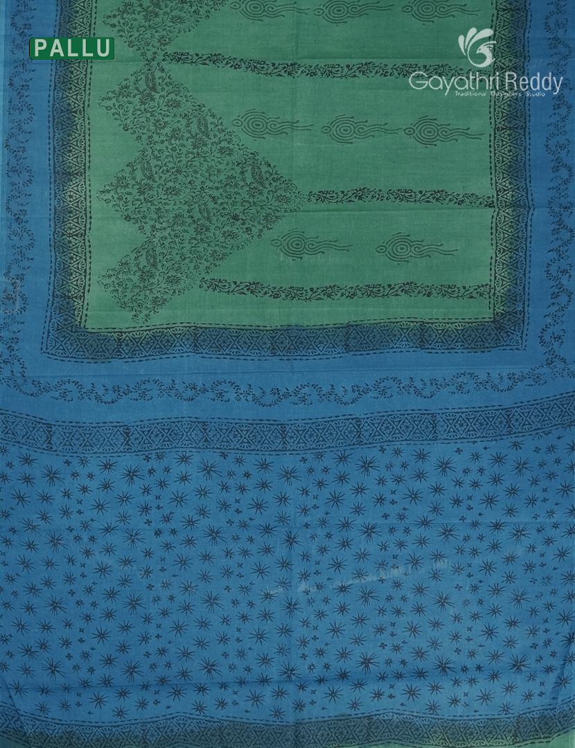 Block Print Cotton Saree in Sea Foam Green and Sea Blue