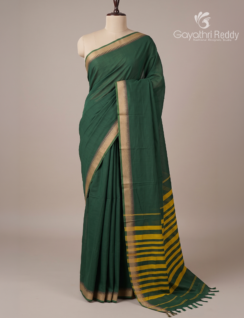 Pure Narayanpet Cotton Saree in Bottle Green