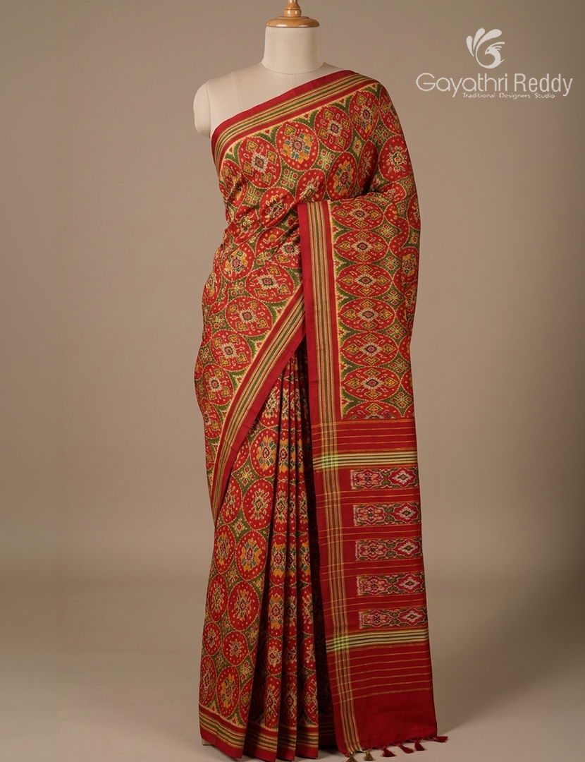 Pure Ikat Silk Saree in Rust Red