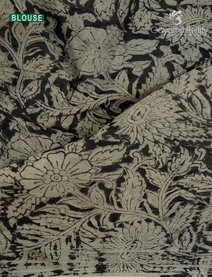 Kalamkari Printed Cotton Saree in Beige and Rust Red