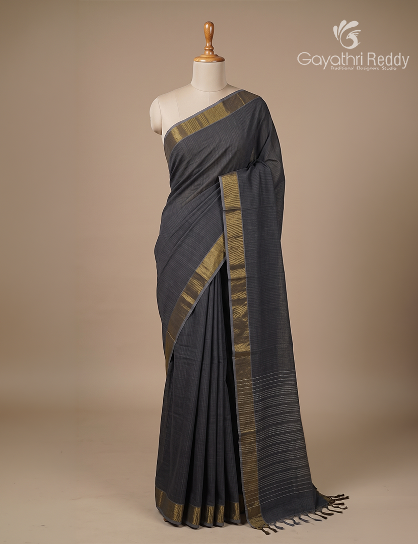 Pure Handloom Cotton Saree in Deep Ash Grey