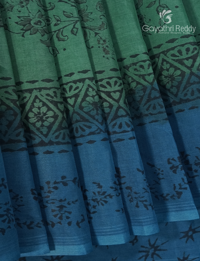 Block Print Cotton Saree in Sea Foam Green and Sea Blue