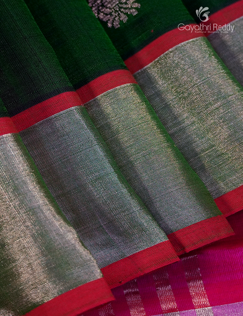 Pure Arani Sico Saree in Deep Bottle green and Hot Pink