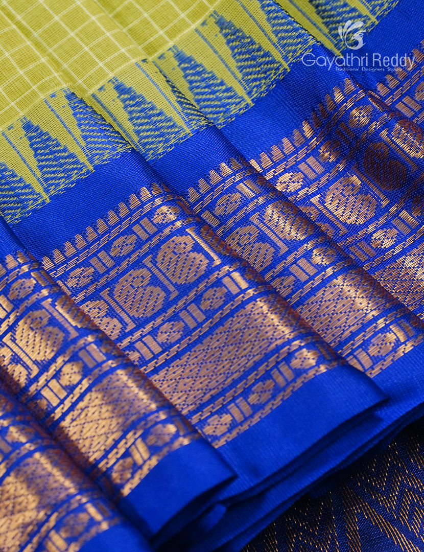 Pure Gadwal Cotton Saree in Neon Green and Deep Blue