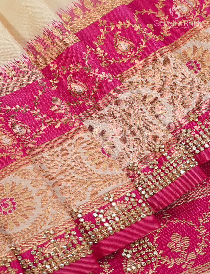Semi Kanchipuram Silk Fancy  Saree in Off-White and Pink