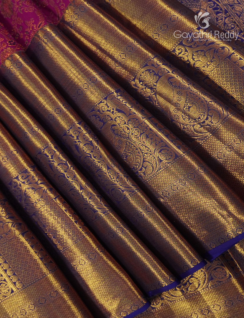 Pure Kanchipuram Bridal Silk Saree  in Deep Pink and Blue