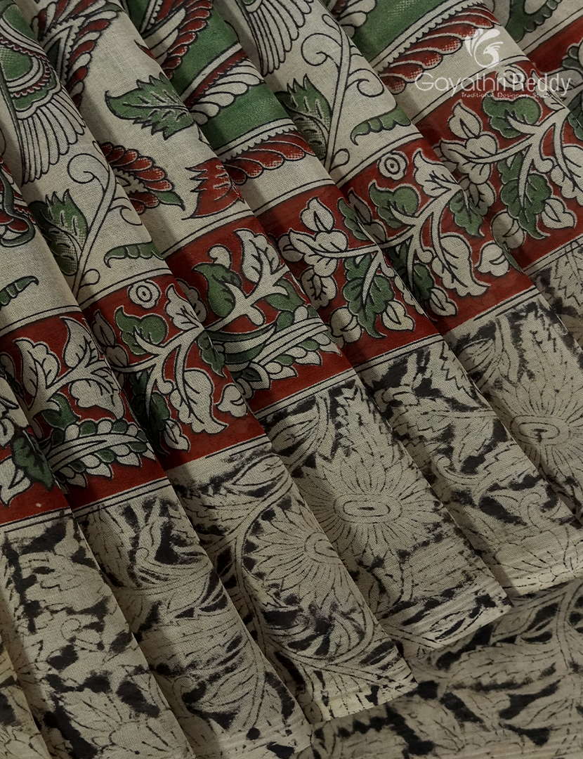 Kalamkari Printed Cotton Saree in Beige and Rust Red