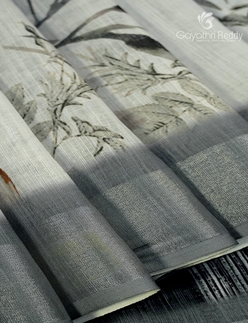 Linen Silk Saree in White and Black