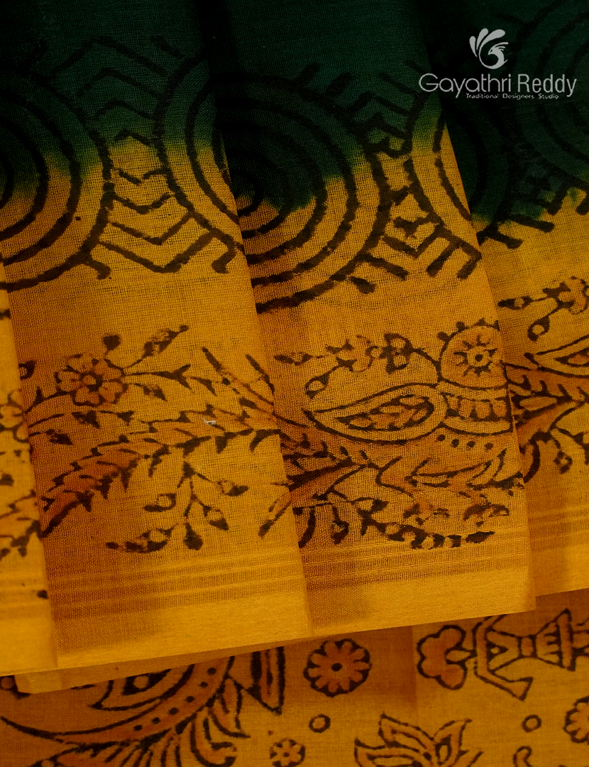 Cotton Batik Print Saree in Bottle Green and Yellow