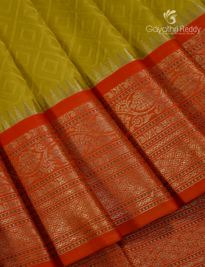Semi Katan Silk Saree in Mehendi Green and Red