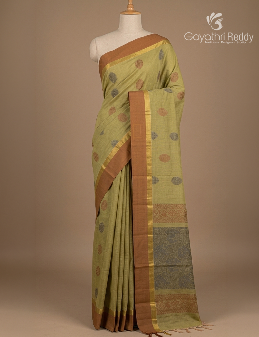 Pure Kanchi Cotton Saree in Olive Green