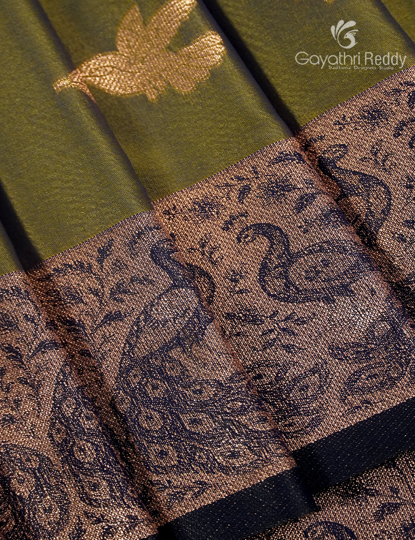Semi Kanchipuram Art Silk Saree in Olive Green