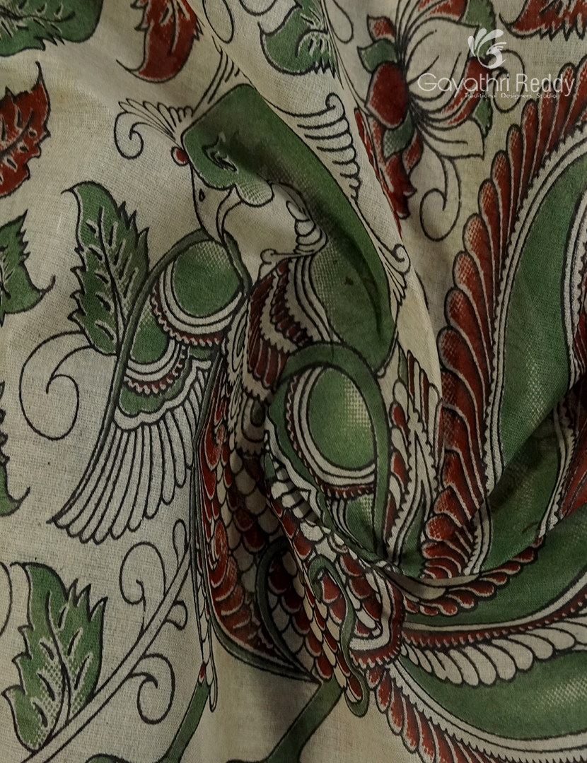 Kalamkari Printed Cotton Saree in Beige and Rust Red