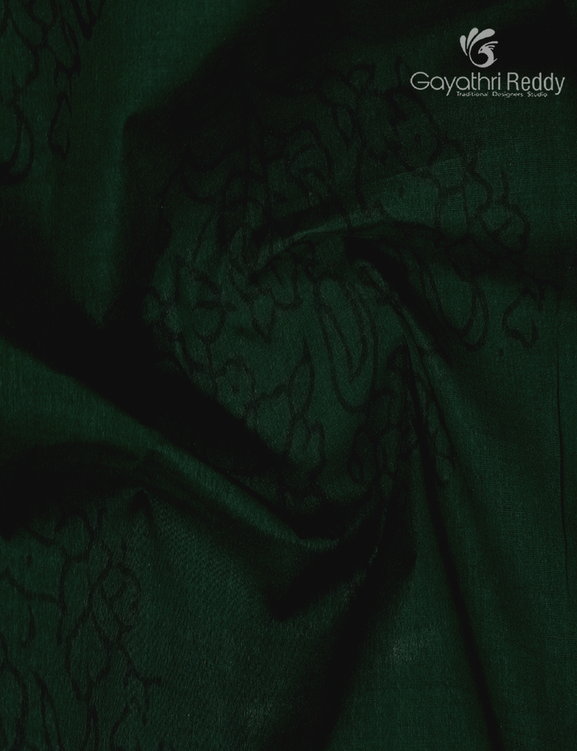 Cotton Batik Print Saree in Bottle Green and Yellow