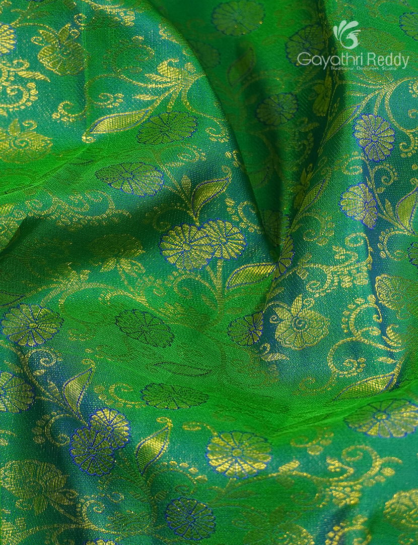 Pure Kanchipuram Silk Bridal Saree in Parrot Green  and Purple