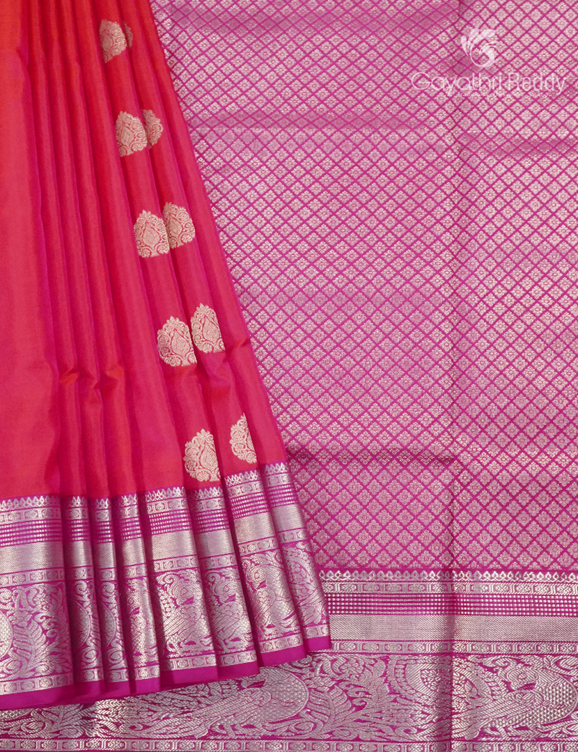 Pure Venkatagiri Silk Saree in Peach Pink and Hot Pink