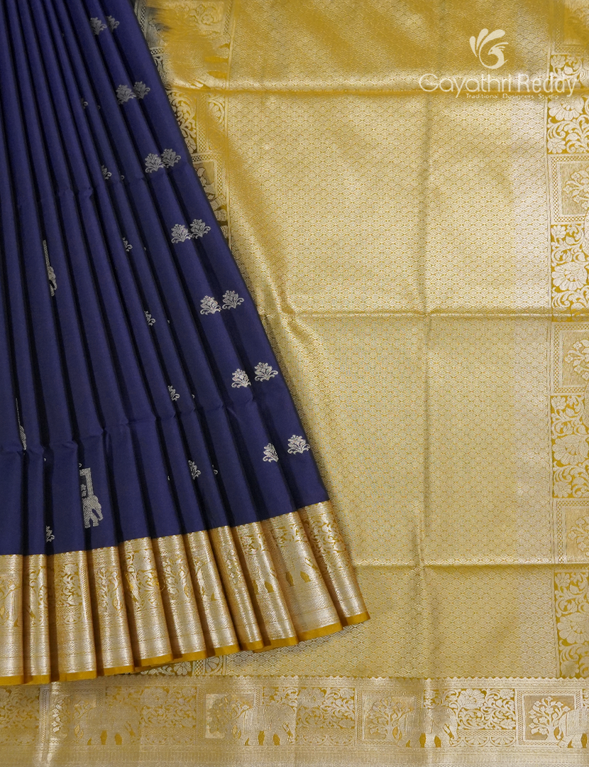 Soft Silk Saree in Deep Navy Blue and Dry Mehendi