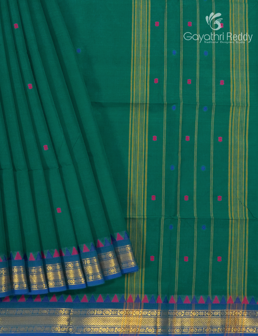 Pure Handloom Cotton Saree in Deep Rama Green