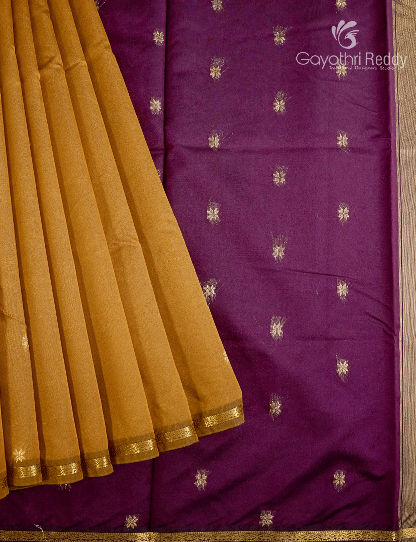 Silk Cotton Saree in Mustard and Jamun Purple