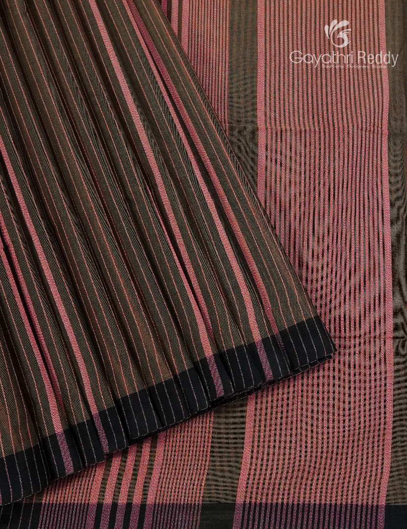 Pure Handloom Cotton Saree in Deep Olive and Baby Pink