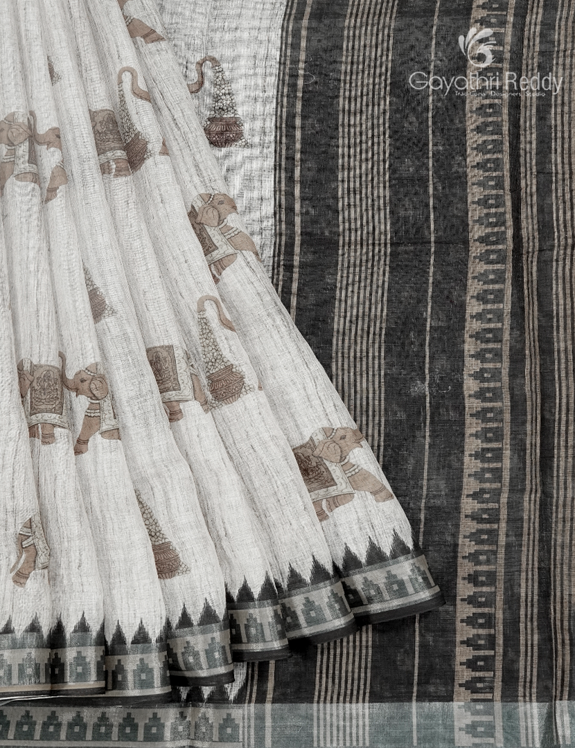 Linen Silk Saree in Cream and Black