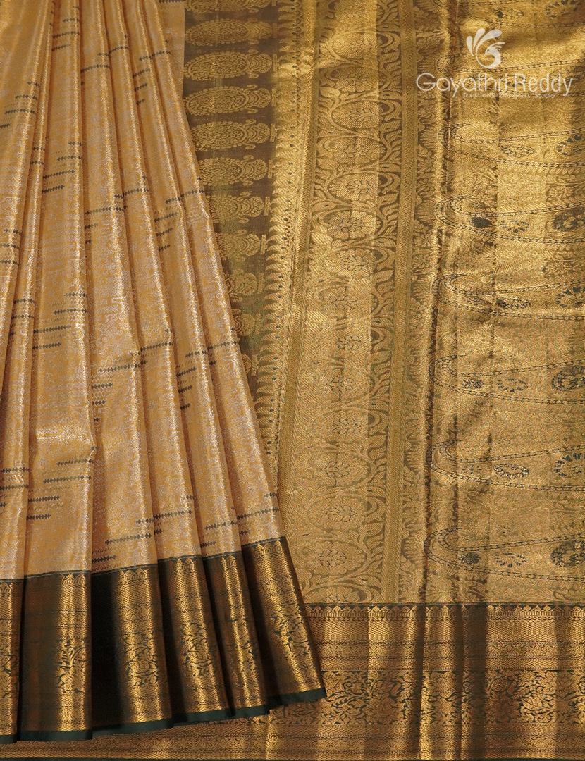 Semi Kanchipuram Silk Saree in Antique Gold and Moss Green