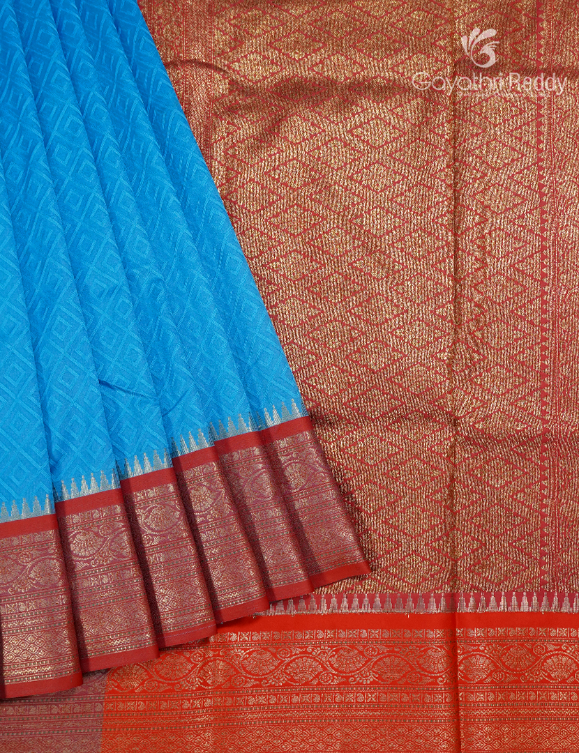 Semi Katan Silk Saree in Sky Blue and Red