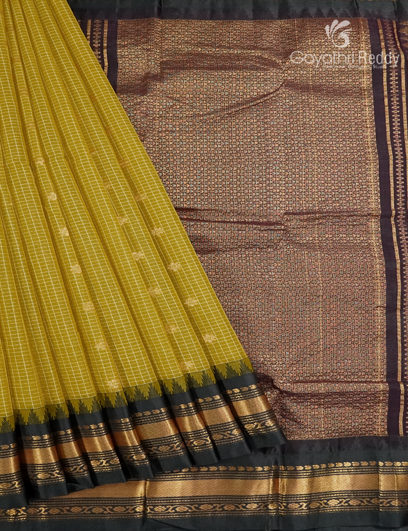 Pure Gadwal Cotton Saree in Tuberose Yellow and Deep Brown