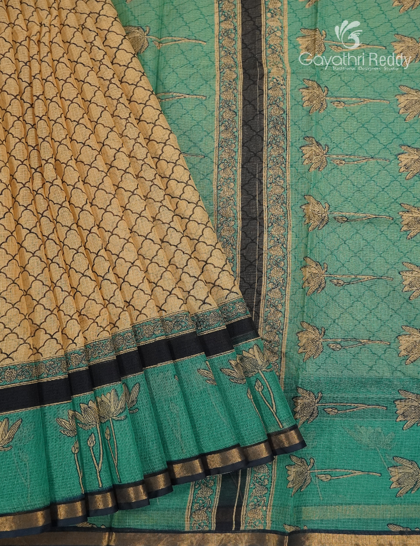 Premium Quality Cotton Kota Saree in Beige and Teal Green