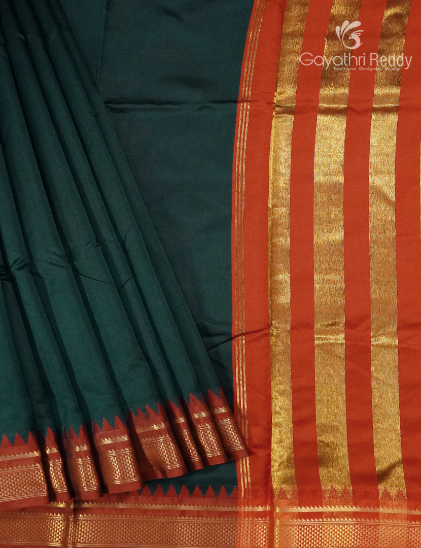Semi Gadwal Saree in Bottle Green and Orange