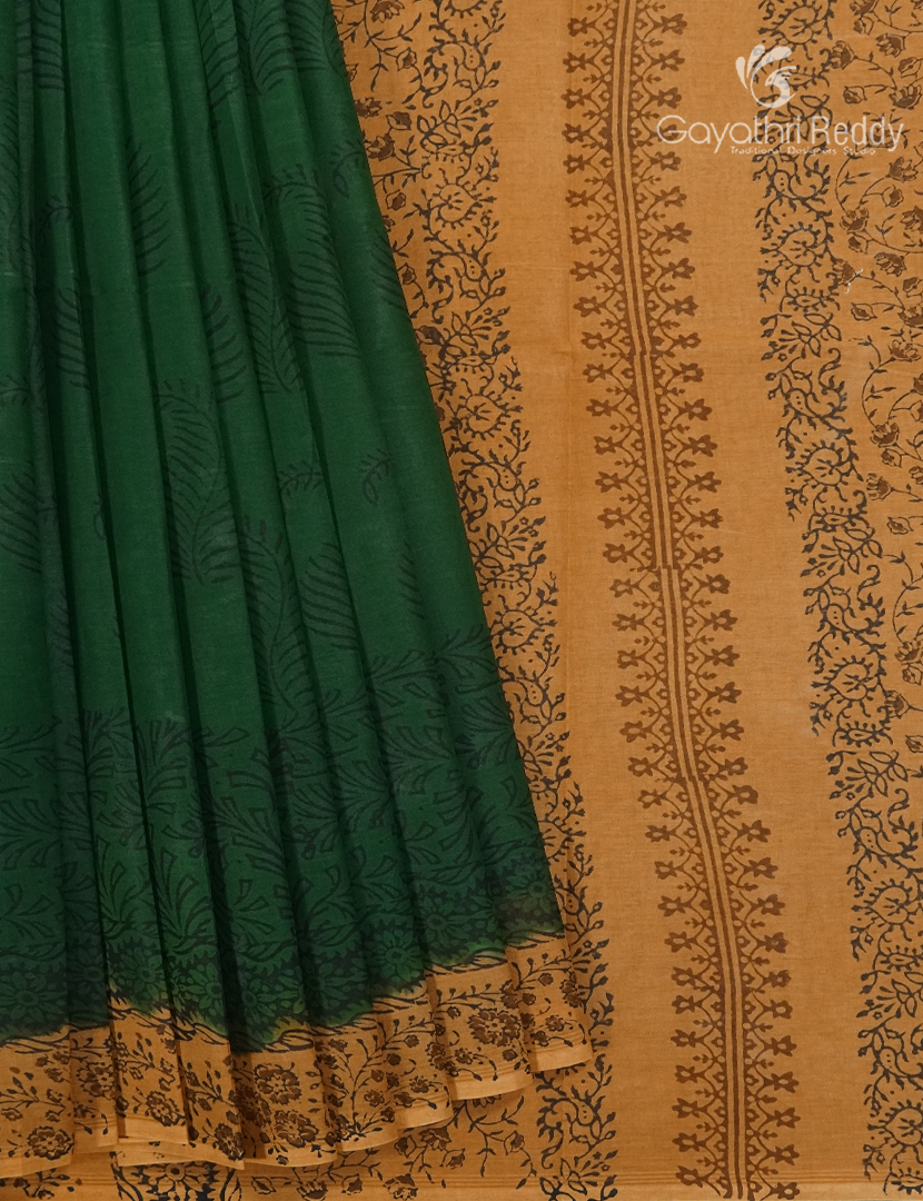 Block Print Cotton Saree in Bottle Green and Yellow