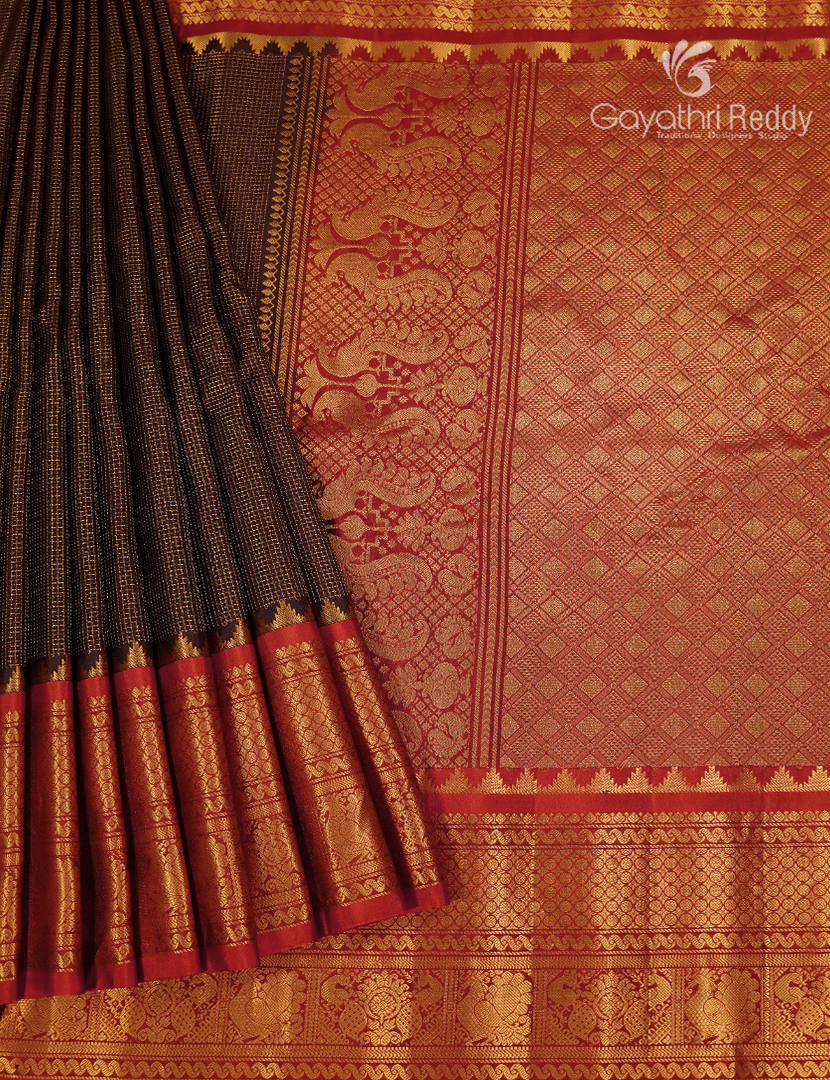 Pure Gadwal Silk Saree in Deep Snuff and Deep Rust