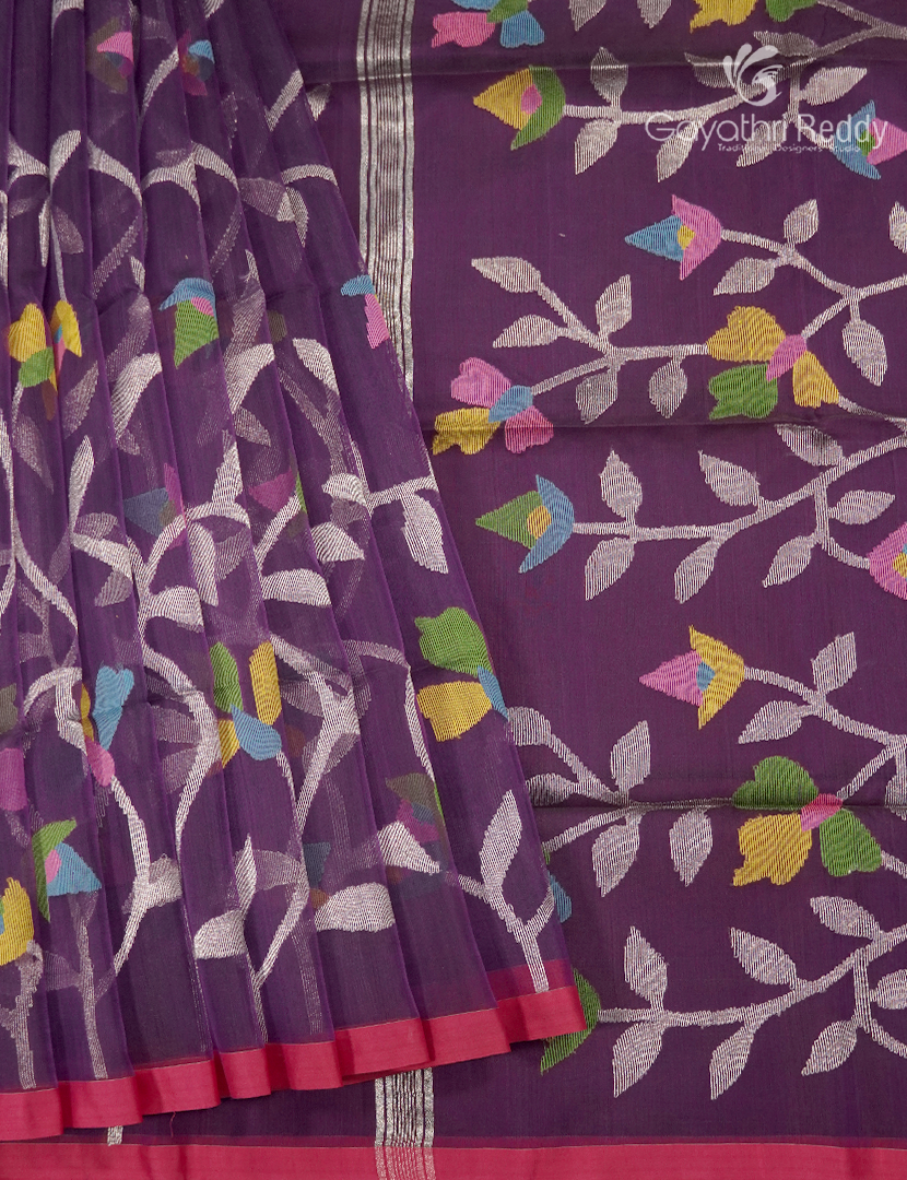 Pure Jamdani Kora Saree in Wine