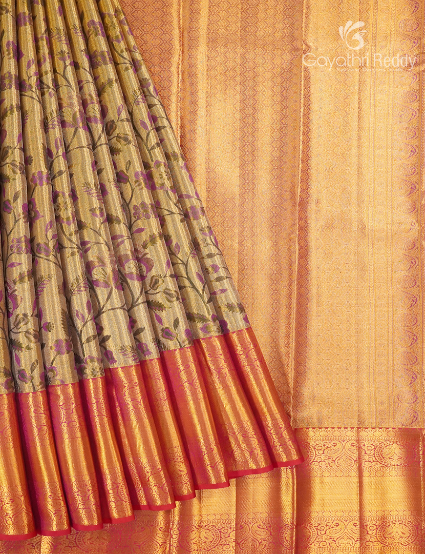 Pure Kanchipuram Silk Bridal Saree in Pastel Gold and  Orange