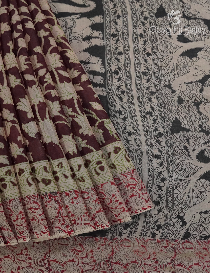 Kalamkari Printed Cotton Saree in Deep Maroon and Beige