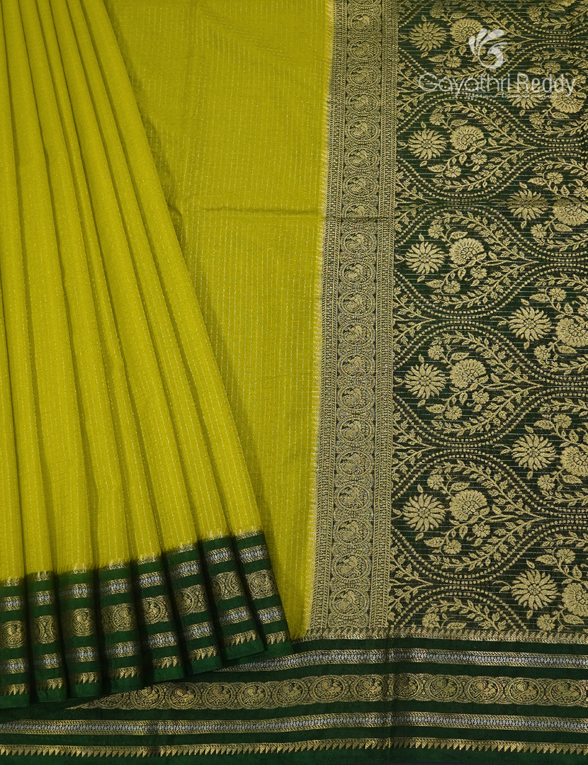 Semi Mysore Crepe Saree in Lime Green and Bottle Green