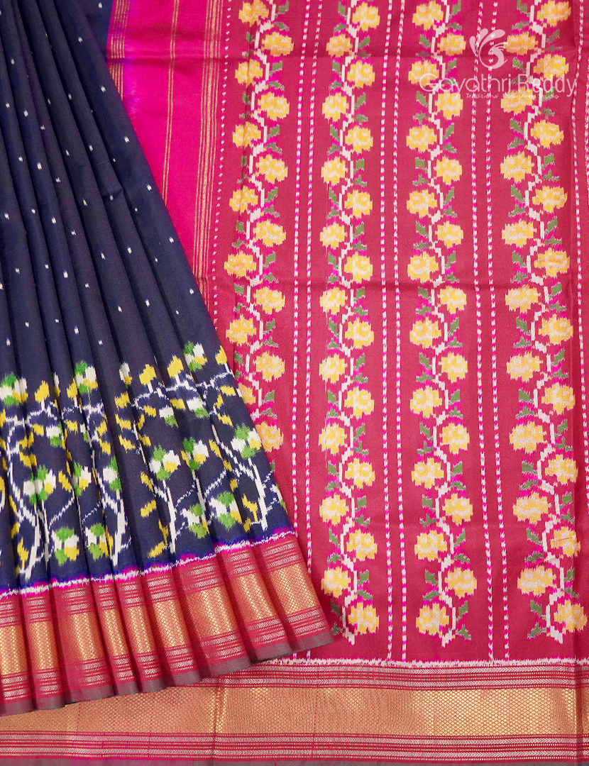 Pure Ikat Silk Saree in Deep Navy Blue and Rose Pink