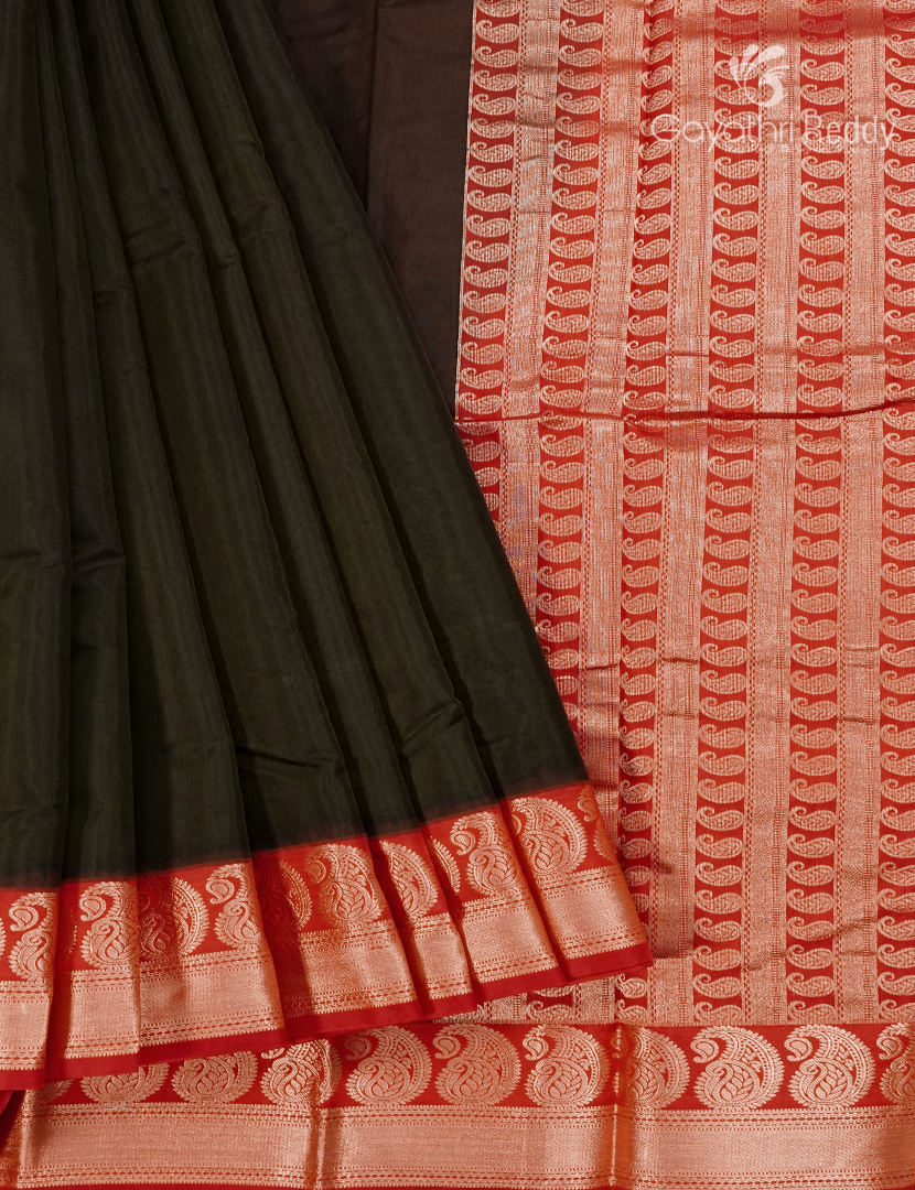 Pure Kanchi Sico Saree in Deep Olive Green and Red