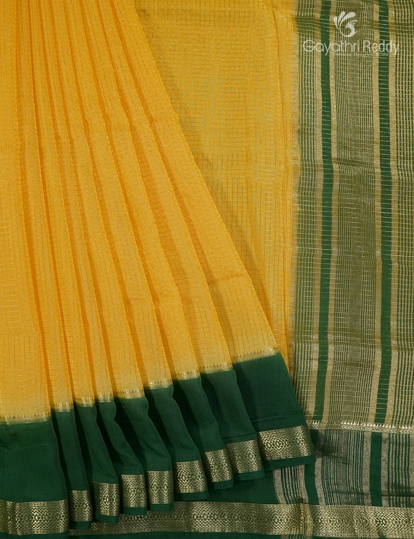 Semi Mysore Crepe Saree in Lime Yellow and Bottle Green