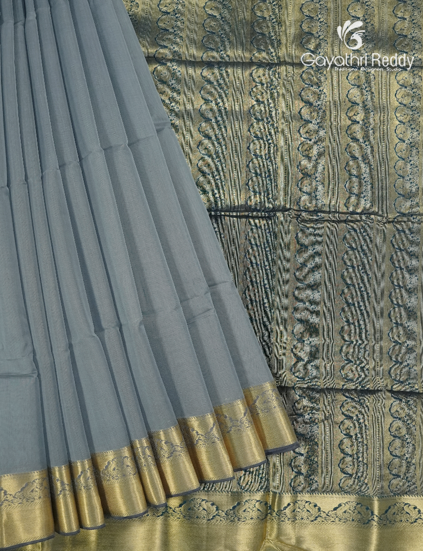 Pure Kanchipuram Sico Saree in Grey and Peacock Green