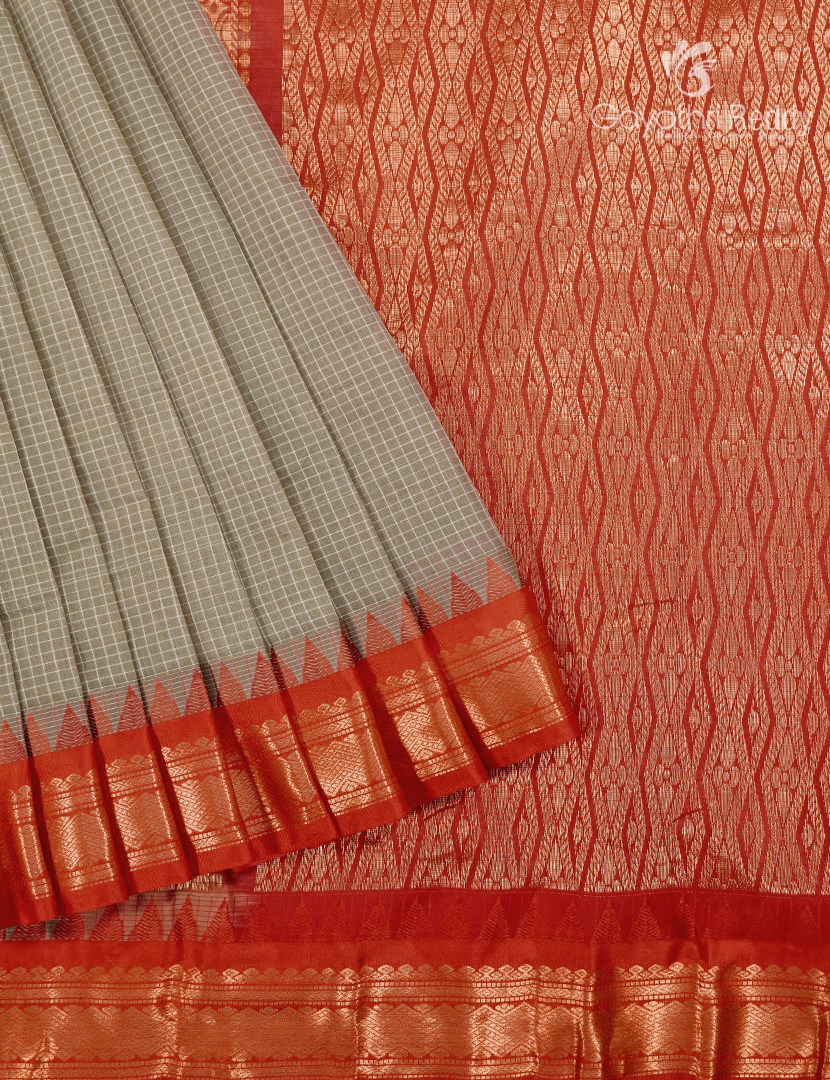 Pure Gadwal Cotton Saree in Olive Grey and Red