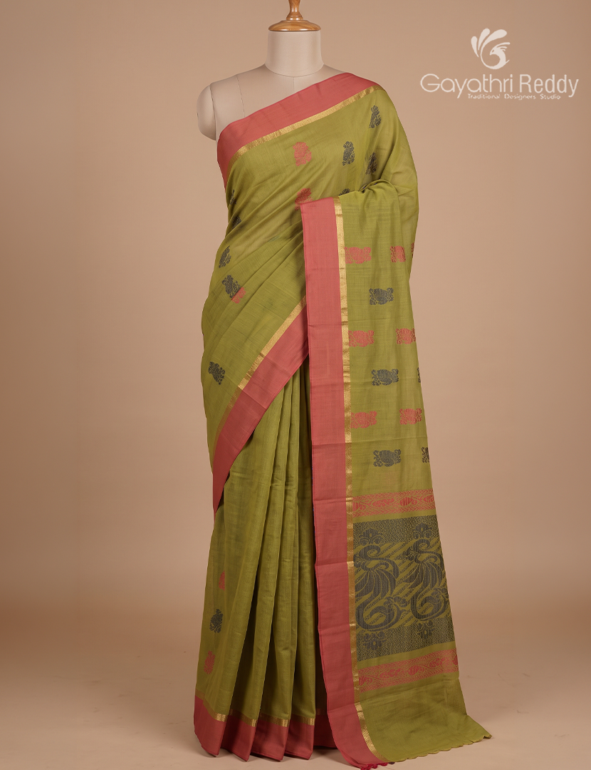 Pure Kanchi Cotton Saree in Olive Green
