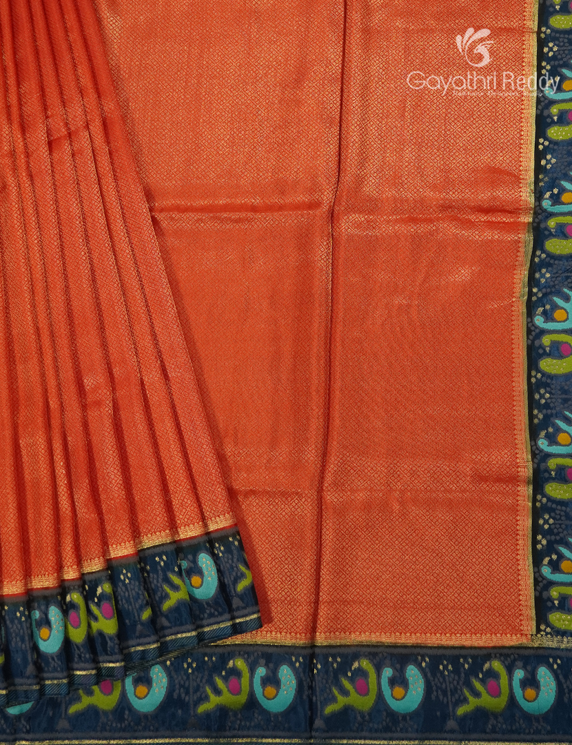 Semi Mysore Silk Saree in Orange and Deep Peacock Green