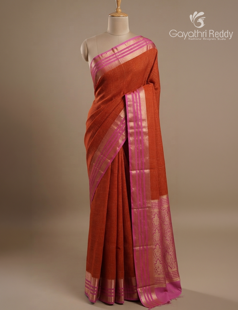 Semi Mysore Crepe Saree in Rust Orange and Baby Pink