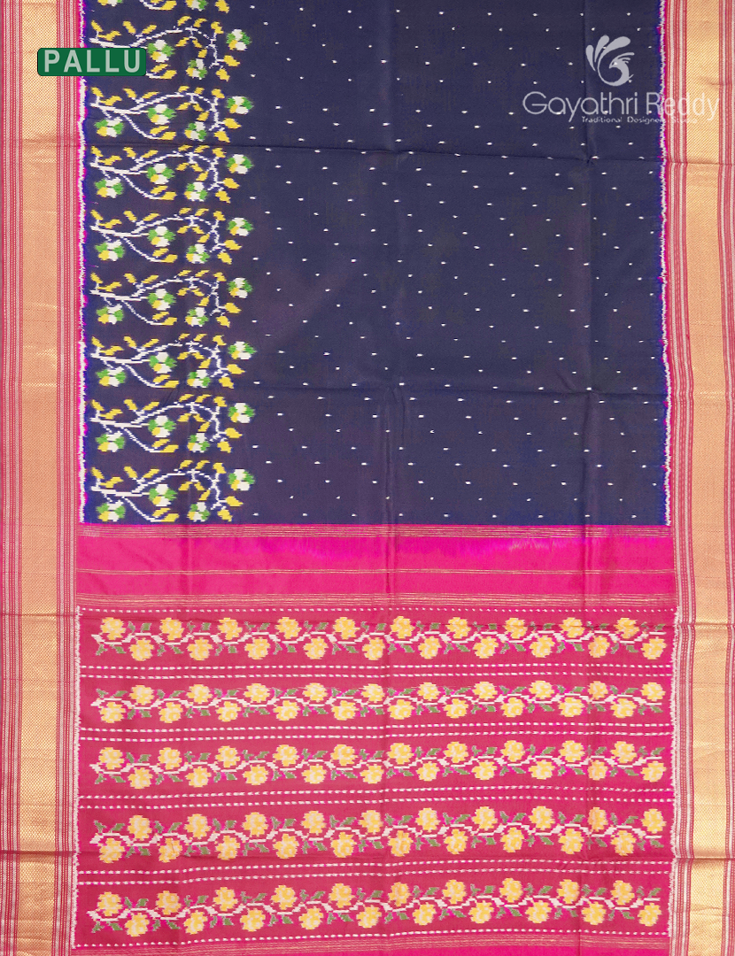 Pure Ikat Silk Saree in Deep Navy Blue and Rose Pink