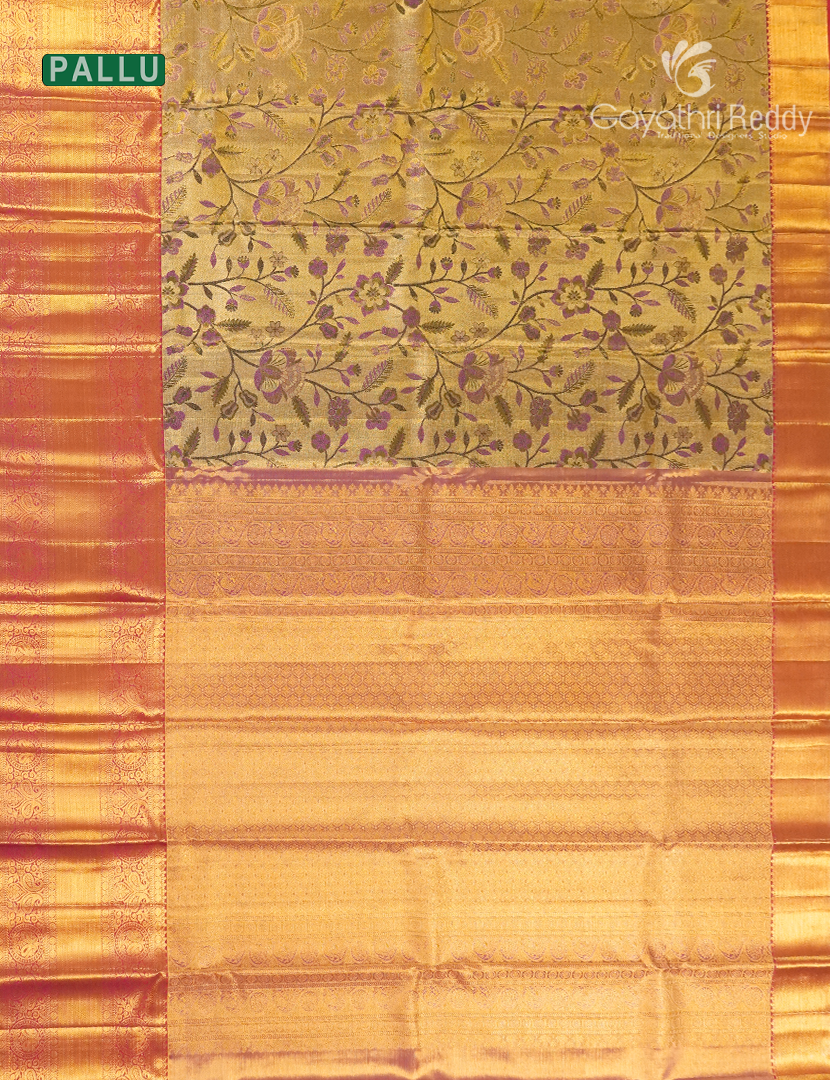 Pure Kanchipuram Silk Bridal Saree in Pastel Gold and  Orange