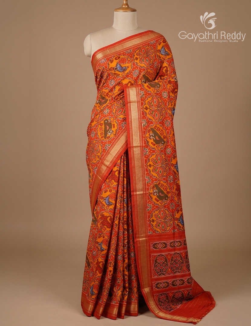Pure Ikat Silk Saree in Orange and Red