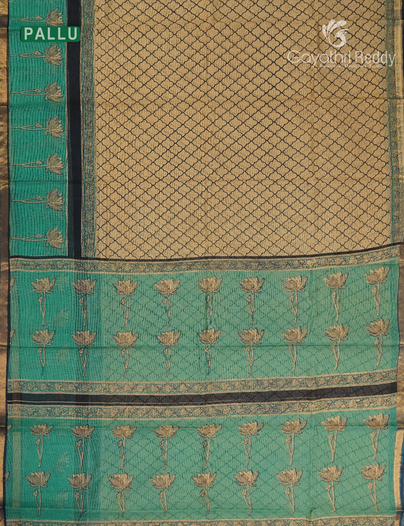 Premium Quality Cotton Kota Saree in Beige and Teal Green