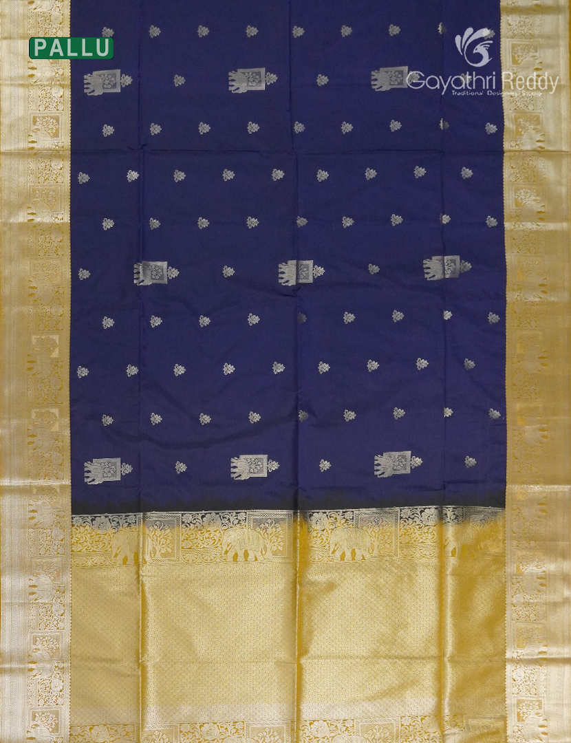 Soft Silk Saree in Deep Navy Blue and Dry Mehendi