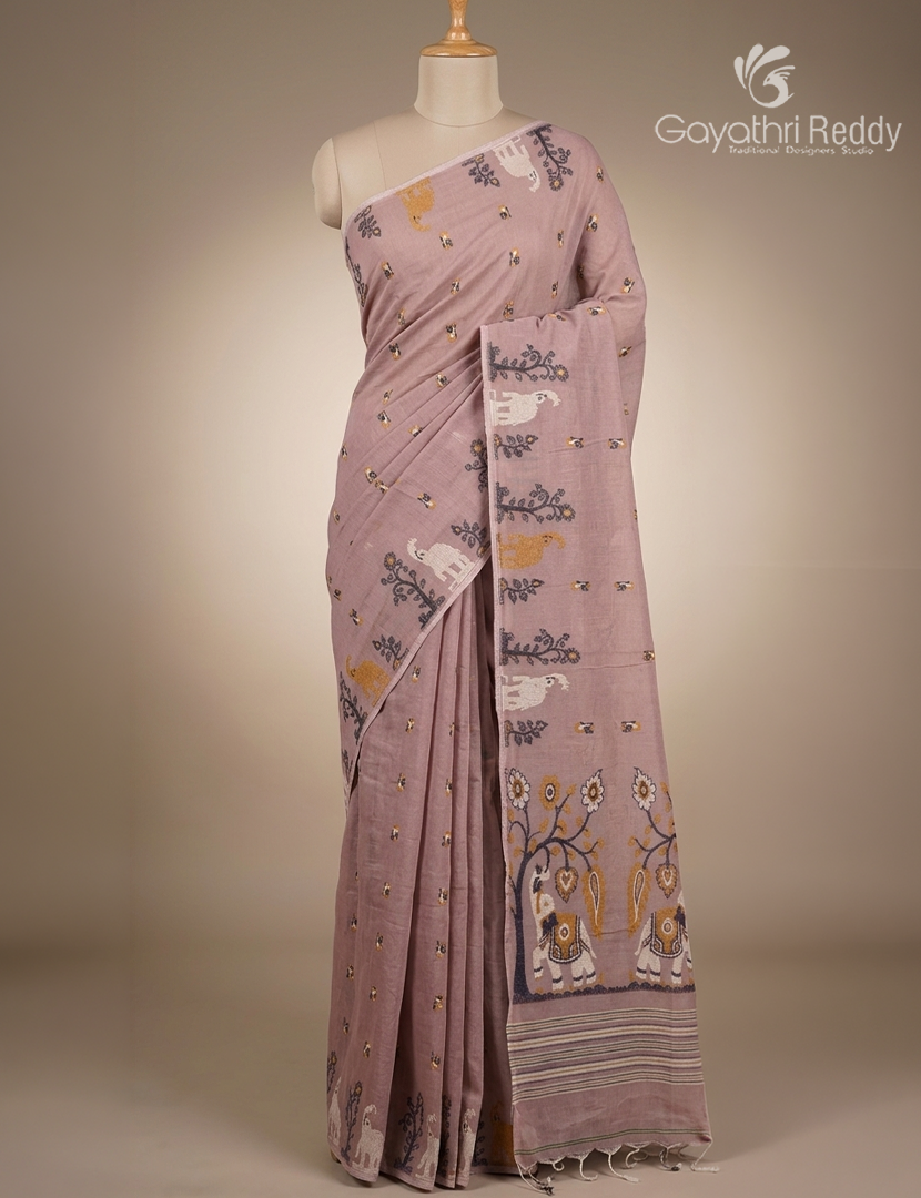 Jamdani Cotton Saree in Onion Pink